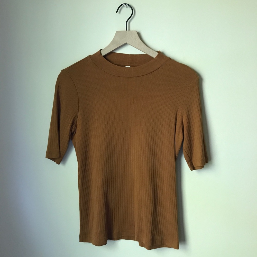 UNIQLO Brown Mock Neck Top 3/4 Sleeves